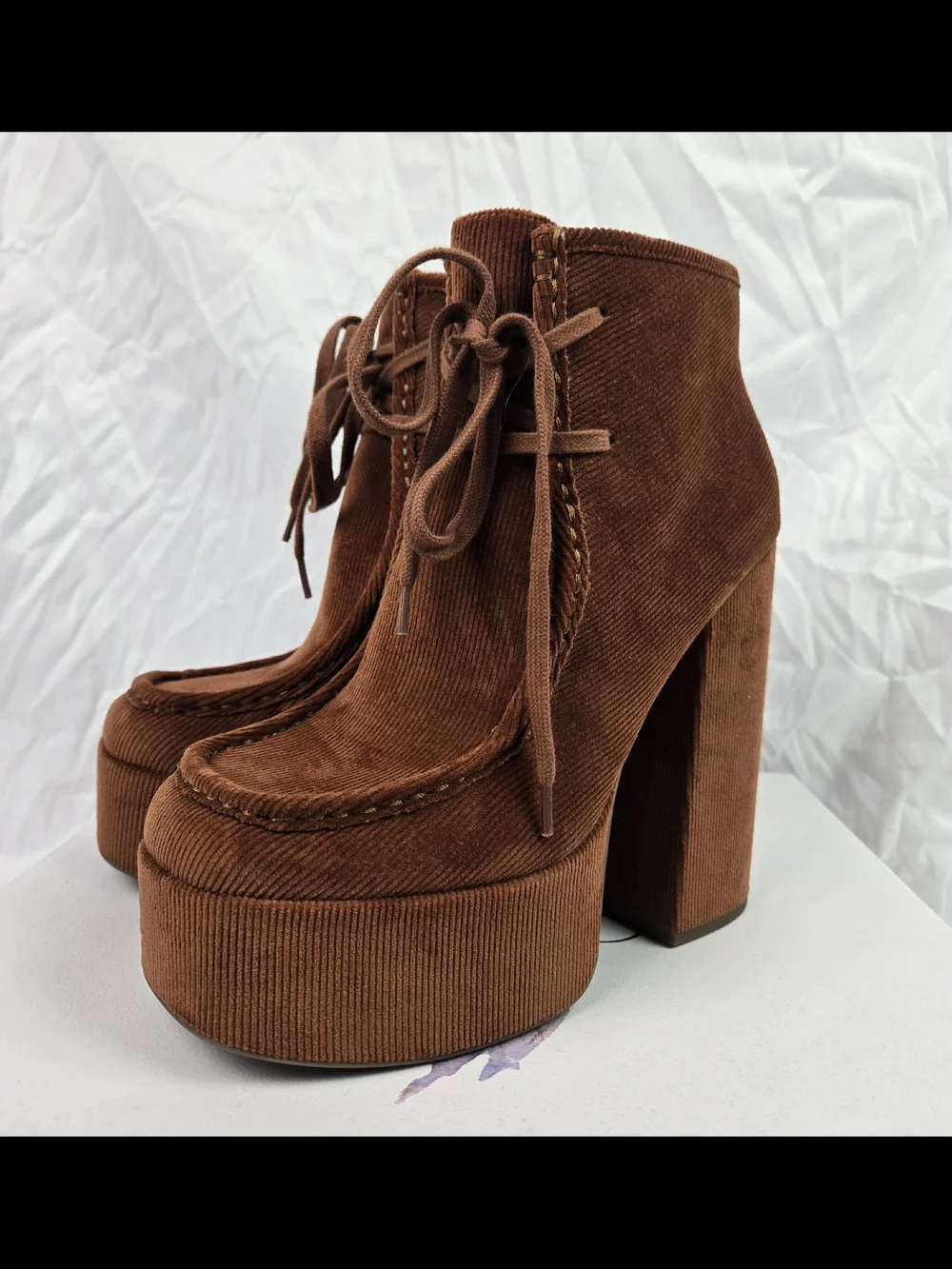 Brown Corduroy Platform Ankle Boots - Women